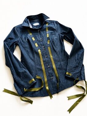 Vintage Rebecca & Drew Blue/Teal Contrasting Ribbons Retro Button Down Shirt 4